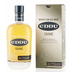 Bottle of peaty eddu whisky with its case from Distillerie des Menhirs